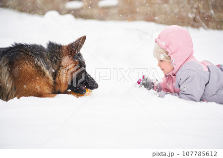 A girl plays with a dog in a snowstorm. 107785612