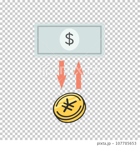 Illustration of dollar banknotes and yen coins Illustration of dollar banknotes and yen coins 107785653