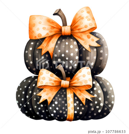 Halloween pumpkins polka dot Clipart isolated on Transparent Background, Stacked of Halloween pumpkins with tie bow. Halloween pumpkins polka dot Clipart isolated on Transparent Background, Stacked of Halloween pumpkins with tie bow. 107786633