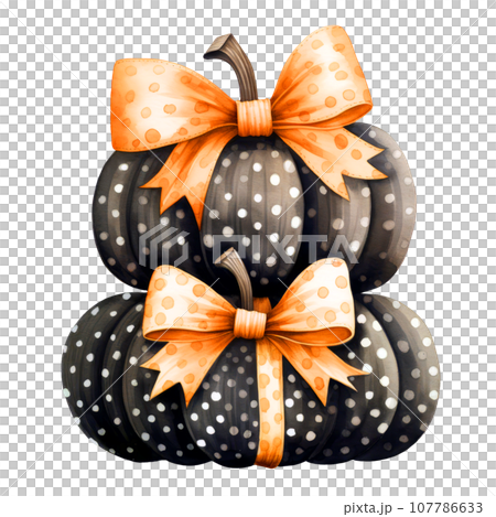 Halloween pumpkins polka dot Clipart isolated on Transparent Background, Stacked of Halloween pumpkins with tie bow. Halloween pumpkins polka dot Clipart isolated on Transparent Background, Stacked of Halloween pumpkins with tie bow. 107786633
