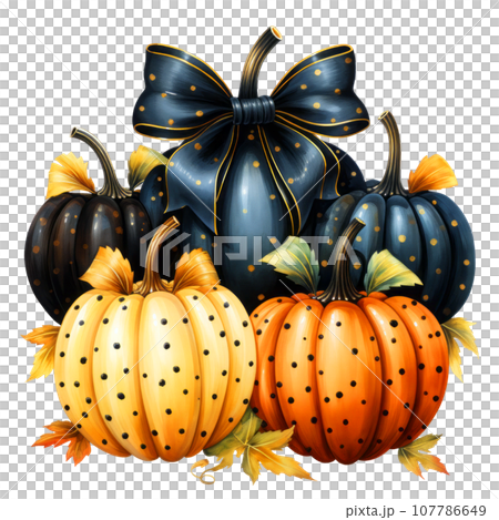 Halloween pumpkins polka dot Clipart isolated on Transparent Background, Stacked of Halloween pumpkins with tie bow. 107786649