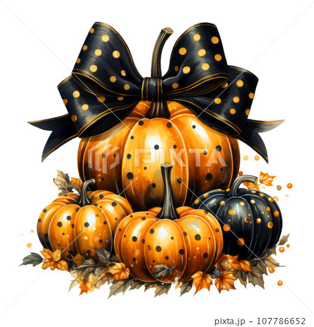 Halloween pumpkins polka dot Clipart isolated on Transparent Background, Stacked of Halloween pumpkins with tie bow. 107786652