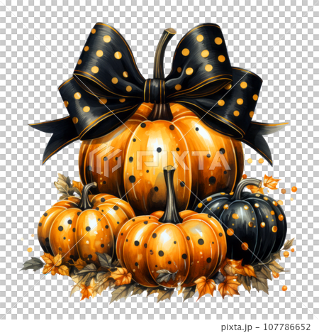 Halloween pumpkins polka dot Clipart isolated on Transparent Background, Stacked of Halloween pumpkins with tie bow. 107786652