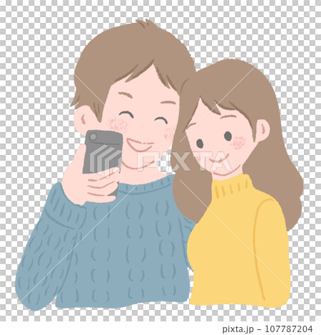 A cute textured hand-drawn illustration of a male and female couple taking selfies with their smartphones. A cute textured hand-drawn illustration of a male and female couple taking selfies with their smartphones. 107787204
