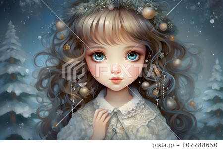 Cute girl portrait illustration in Christmas snow. 107788650