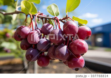 Saskatoon berry on a tree, photo realistic, 4K resolution , AI generated 107788814