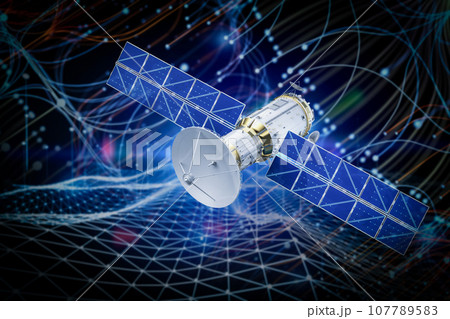 Satellite dish with solar panel in outer space 107789583