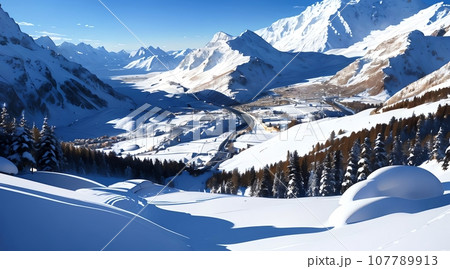 アニメ背景_スキー場_冬の雪山_03 107789913