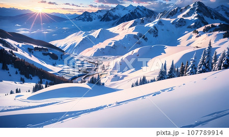 アニメ背景_スキー場_冬の雪山_04 107789914