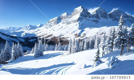 アニメ背景_スキー場_冬の雪山_05 107789915