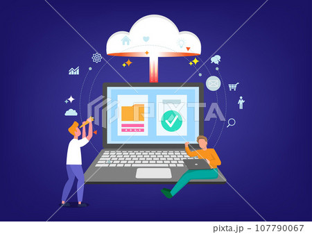 Connect to cloud computing, technology to share secured file and communicate with team while working remotely, upload and download files concept, businessman connect network line with cloud computing. 107790067