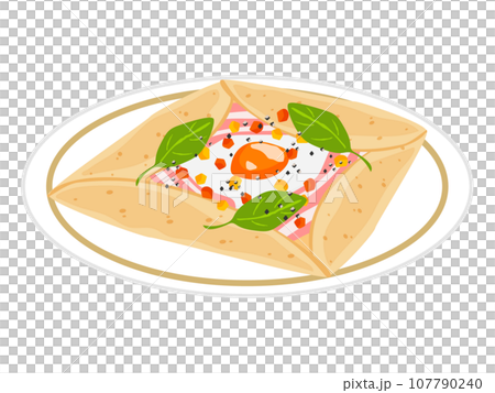 Vector illustration of buckwheat galette, a French dish made with buckwheat flour. Vector illustration of buckwheat galette, a French dish made with buckwheat flour. 107790240