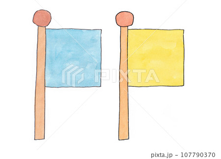 水性ペンと透明水彩絵の具で描いた水色と黄色の旗のイラストセット 水性ペンと透明水彩絵の具で描いた水色と黄色の旗のイラストセット 107790370