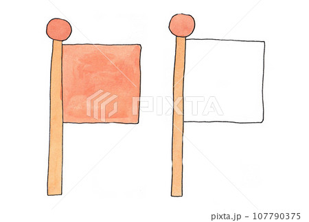 水性ペンと透明水彩絵の具で描いた橙色と白の旗のイラストセット 107790375
