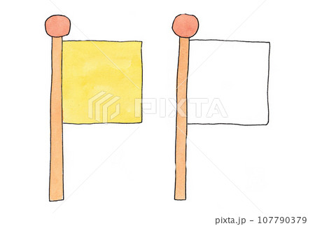 水性ペンと透明水彩絵の具で描いた黄色と白の旗のイラストセット 107790379