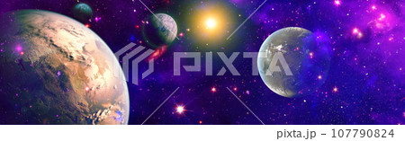 Earth and galaxy. Multicolor outer space. Elements of this image furnished by NASA. Earth and galaxy. Multicolor outer space. Elements of this image furnished by NASA. 107790824