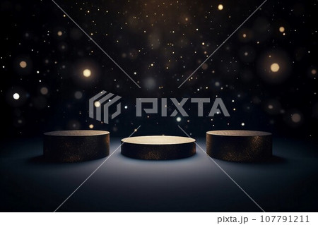 黒背景に金色のボケライトと三つの低い円柱の展示台があるテンプレート。AI生成画像 107791211