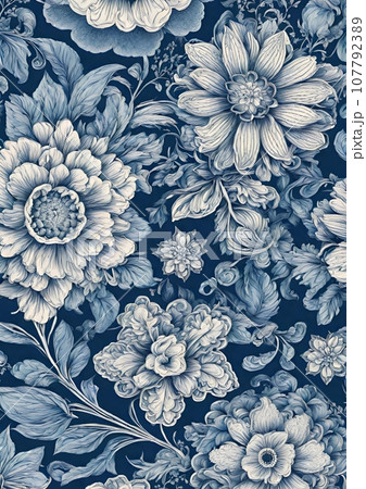 美しくシームレスで高精細なブルーの花柄 107792389