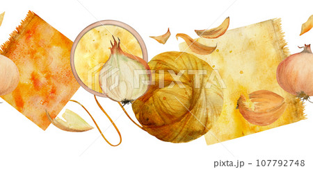 Hand drawn watercolor vegetable onion coloring natural plant dye, hobby materials, handmade fabric. Illustration isolated seamless banner, white background. Shop logo, website, business card, booklet Hand drawn watercolor vegetable onion coloring natural plant dye, hobby materials, handmade fabric. Illustration isolated seamless banner, white background. Shop logo, website, business card, booklet 107792748
