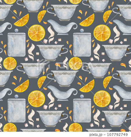Hand drawn watercolor teaware, tea lemon, dishes crockery porcelain, hot beverage. Seamless pattern isolated on white background. For invitations, cafe, restaurant food menu, print, website, cards Hand drawn watercolor teaware, tea lemon, dishes crockery porcelain, hot beverage. Seamless pattern isolated on white background. For invitations, cafe, restaurant food menu, print, website, cards 107792749