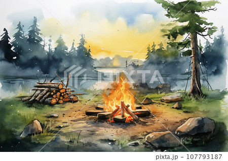 Camping bonfire in pine forest watercolorのイラスト素材
