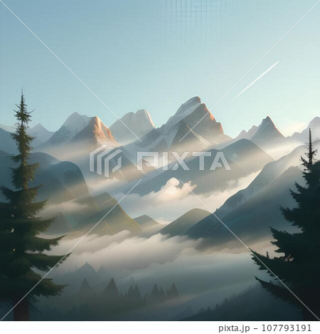 霧がかかって朝日に照らされた山々 107793191