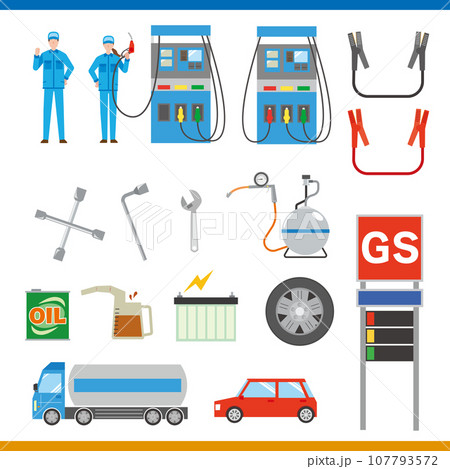 ガソリンスタンドや車のメンテナンスイラストセット 107793572