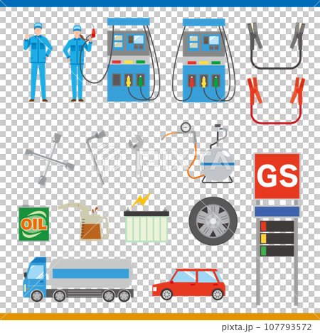 ガソリンスタンドや車のメンテナンスイラストセット 107793572