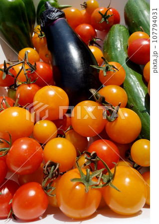 家庭菜園で収穫　新鮮な夏野菜　ミニトマト・ナス・キュウリ 107794031