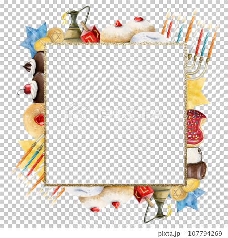 Watercolor Hanukkah greeting card square frame template illustration of traditional Jewish Chanukkah miracle symbols, dreidels, donuts, menorah with candles, oil jar, star David glowing lights Watercolor Hanukkah greeting card square frame template illustration of traditional Jewish Chanukkah miracle symbols, dreidels, donuts, menorah with candles, oil jar, star David glowing lights 107794269
