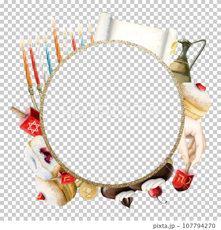 Watercolor Hanukkah greeting card round frame template illustration of traditional Jewish Chanukkah symbols, dreidels, donuts, menorah candles, oil jar, star David glowing lights Watercolor Hanukkah greeting card round frame template illustration of traditional Jewish Chanukkah symbols, dreidels, donuts, menorah candles, oil jar, star David glowing lights 107794270