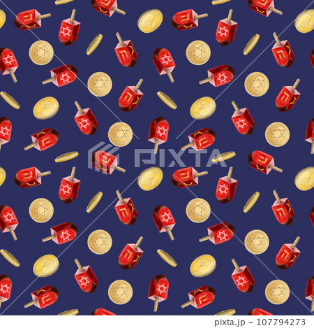 Dark blue watercolor Hanukkah dreidels and gold coins gelt seamless pattern for Jewish holiday symbols, traditional sevivons 107794273