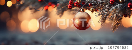 Close up of lighted Christmas tree Ornament, winter holidays decoration, copy Space, greeting card Close up of lighted Christmas tree Ornament, winter holidays decoration, copy Space, greeting card 107794683