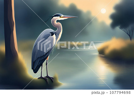 A great blue heron on the background of nature. Generative AI 107794698