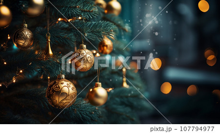 Close up of lighted Christmas tree Ornament, winter holidays decoration, copy Space, greeting card 107794977