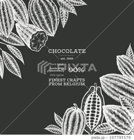 Cocoa Chalk Board Vector Banner Template. Chocolate Retro Cocoa Beans Background. Vintage Style Hand Drawn Illustration. Cocoa Chalk Board Vector Banner Template. Chocolate Retro Cocoa Beans Background. Vintage Style Hand Drawn Illustration. 107795579