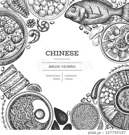 Chinese Cuisine Design Template. Vector Hand Drawn Asian Food Banner. Vintage Style Menu Illustration. Chinese Cuisine Design Template. Vector Hand Drawn Asian Food Banner. Vintage Style Menu Illustration. 107795587