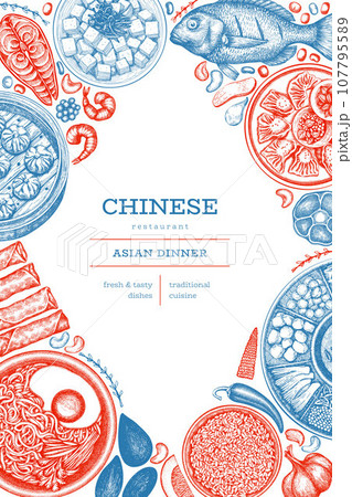 Chinese Cuisine Design Template. Vector Hand Drawn Asian Food Banner. Vintage Style Menu Illustration. Chinese Cuisine Design Template. Vector Hand Drawn Asian Food Banner. Vintage Style Menu Illustration. 107795589