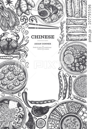 Chinese Cuisine Design Template. Vector Hand Drawn Asian Food Banner. Vintage Style Menu Illustration. Chinese Cuisine Design Template. Vector Hand Drawn Asian Food Banner. Vintage Style Menu Illustration. 107795596