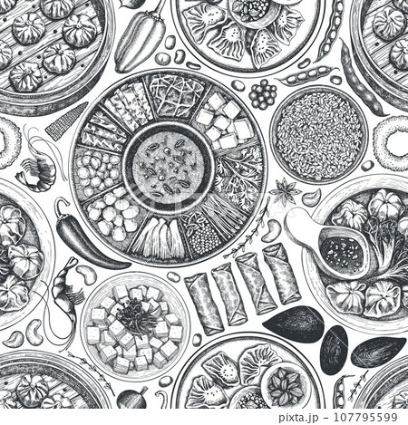 Chinese Cuisine Background. Vector Hand Drawn Asian Food Seamless Pattern. Vintage Style Menu Illustration. 107795599