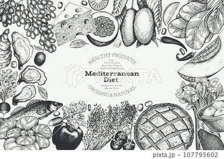 Mediterranean Cuisine Design Template. Vector Hand Drawn Healthy Food Banner. Vintage Style Menu Illustration. Mediterranean Cuisine Design Template. Vector Hand Drawn Healthy Food Banner. Vintage Style Menu Illustration. 107795602