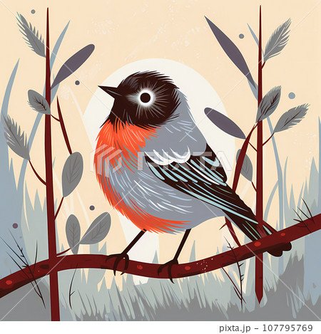 Cute little robin sitting on a branch in the garden. Small red and gray birdie in the wild 107795769