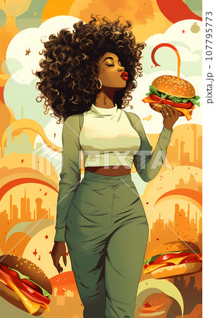 Fantasy illustration of a sexy black woman savoring a giant cheeseburger. Pretty African girl holding seeing a big burger in her dream Fantasy illustration of a sexy black woman savoring a giant cheeseburger. Pretty African girl holding seeing a big burger in her dream 107795773