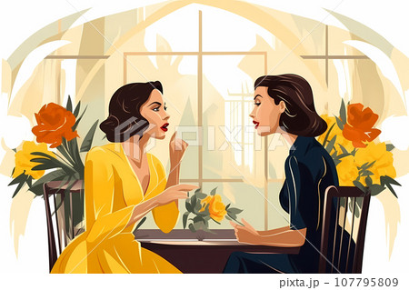 2 girlfriends gossiping in a restaurant over brunch on Sunday. wo stylish worried middle-aged women having an emotional conversation, exchanging important news and seeking advice 2 girlfriends gossiping in a restaurant over brunch on Sunday. wo stylish worried middle-aged women having an emotional conversation, exchanging important news and seeking advice 107795809