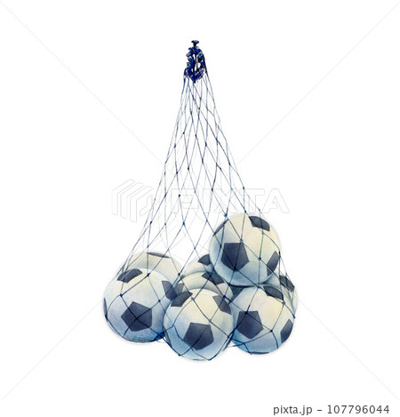 Watercolor drawing of football balls set in net. Black and white pentagons in mesh. Scillfully painted soccer balls isolated on white background. For logo banner postcard leaflet textile print sticker 107796044