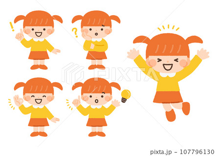 女の子の表情とジェスチャーのイラストセット素材 107796130