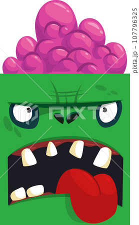 Cartoon angry zombie face avatar. Halloween vector illustration of funny zombie moaning with wide open mouth full of teeth. Great for decoration or package design. 107796325