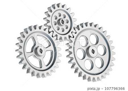 Steel cogs and gear wheel mechanisms, 3D rendering Steel cogs and gear wheel mechanisms, 3D rendering 107796366