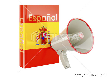 Spanish language textbook with megaphone. Courses of Spanish language, 3D rendering 107796378