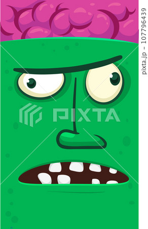 Cartoon angry zombie face avatar. Halloween vector illustration of funny zombie moaning with wide open mouth full of teeth. Great for decoration or package design. 107796439